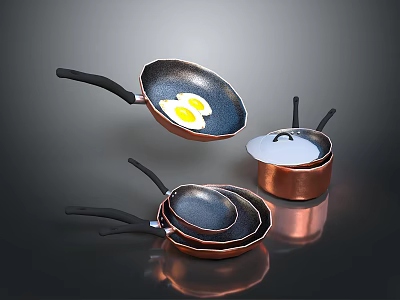 Copper Kitchen Cookware Set with Black Handles Stacked Frying Pans And Egg In Pan 3d model