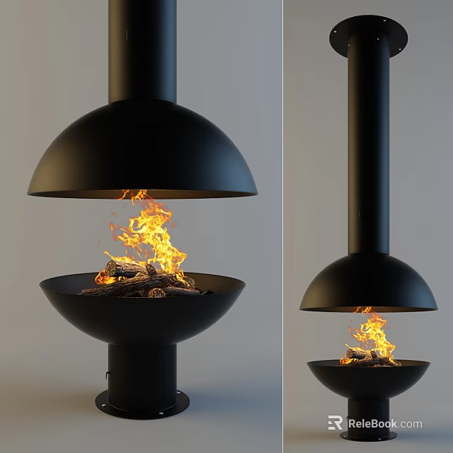 Modern Black Dome Top Bowl Base Fireplace With Burning Wood Logs And Flames 3d model 