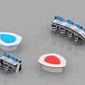 Control Room Console Desks With Red And Blue Countertops And Ergonomic Chairs