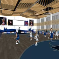 Indoor Basketball Court With Players Competing And Audience Seats In Modern Gymnasium