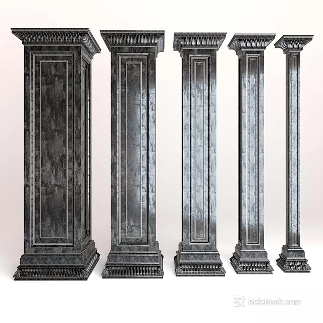 Five Classical Decorative Columns With Ornate Carvings And Textured Surfaces 3d model 
