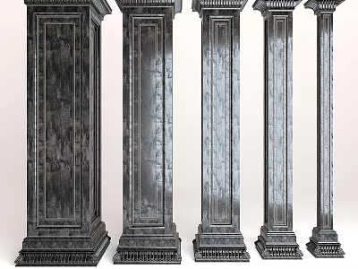 Five Classical Decorative Columns With Ornate Carvings And Textured Surfaces 3d model