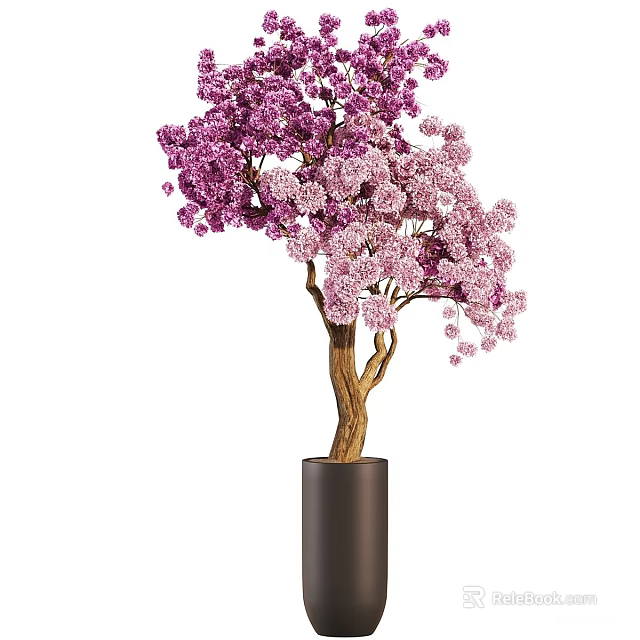 Bonsai Plant With Purple And Pink Flowers Brown Trunk In Black Cylindrical Pot 3d model 