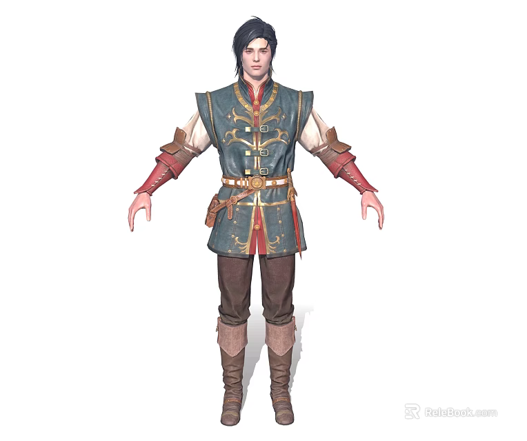 Man In Blue Red Embroidered Vest With Brown Pants Belt And Leather Arm Guards 3d model 