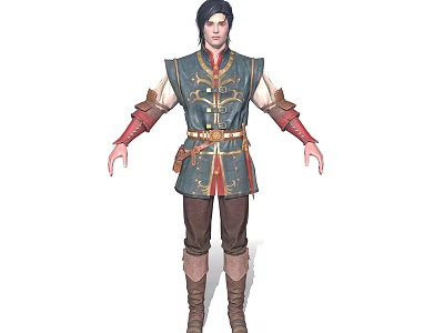 Man In Blue Red Embroidered Vest With Brown Pants Belt And Leather Arm Guards 3d model