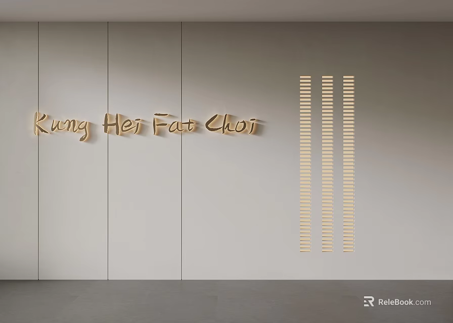 Kung Her Fat Chor Wall Design With Golden Lettering And Vertical Stripes 3d model 