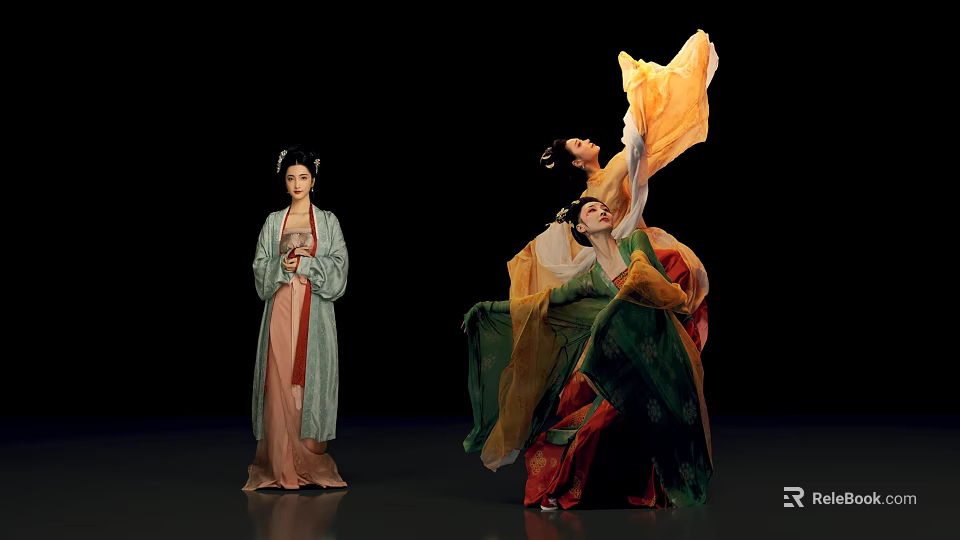 Traditional Chinese Female Performers In Elegant Costumes With Flowing Robes And Dance Movements 3d model 