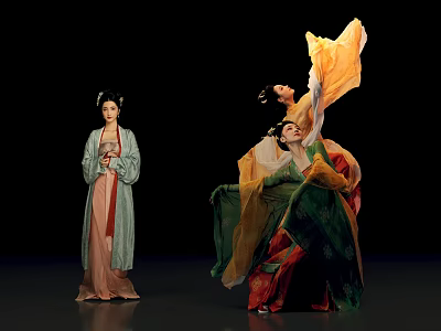 Traditional Chinese Female Performers In Elegant Costumes With Flowing Robes And Dance Movements 3d model