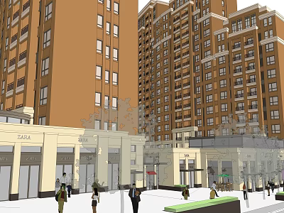 Vibrant Commercial Street With Tall Buildings Shops Pedestrians And Green Plants 3d model