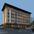 Modern Multi Story Office Building Featuring Stone Facade Large Windows Trees Parking Area Front Road 3d model