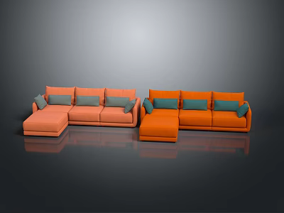 Modern L shaped Sofas Featuring Coral And Orange Tones With Blue Accent Cushions 3d model
