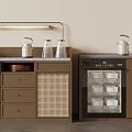 Modern Wooden Sideboard with Wicker Doors Drawers Table Lamp Kettle Glass Jars and Transparent Cooler