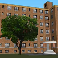 Red Brick Apartment Building With Multiple Windows Lawn Tree And Staircase