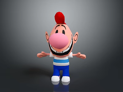 Smiling Cartoon Character Creature With Red Hair Big Nose Blue White Striped Shirt 3d model