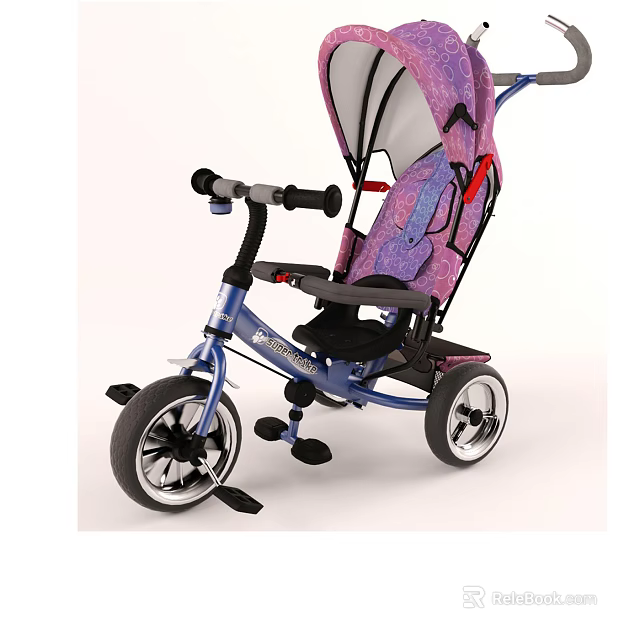 Kids Tricycle With Blue Frame Purple Canopy Black Seat And Pedals 3d model 