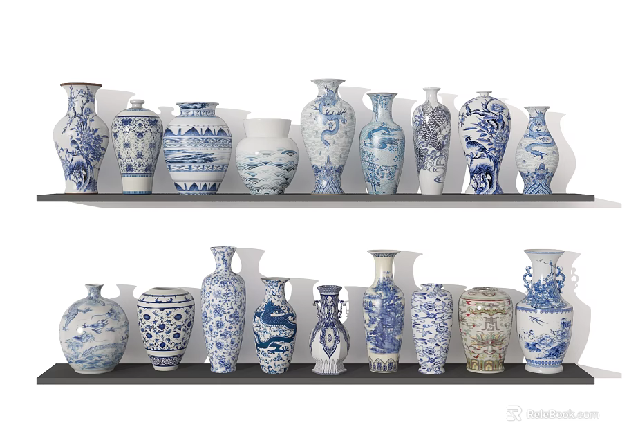 Blue and White Ceramic Vessels with Various Shapes Displayed on Shelves 3d model 