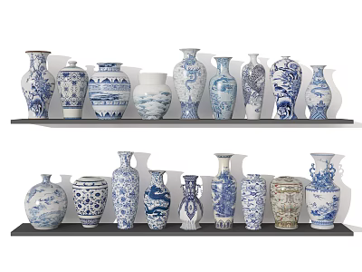 Blue and White Ceramic Vessels with Various Shapes Displayed on Shelves 3d model