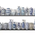 Blue and White Ceramic Vessels with Various Shapes Displayed on Shelves