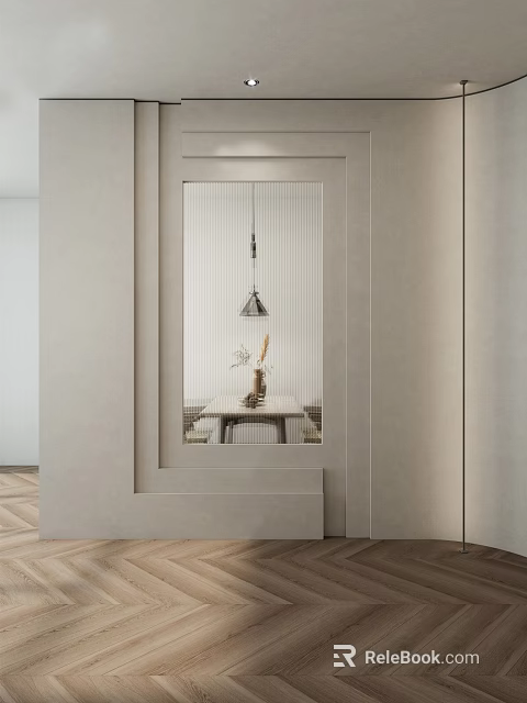 Modern Interior Glass Partition with Vertical Stripes Dining Table and Pendant Light 3d model 