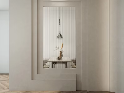 Modern Interior Glass Partition with Vertical Stripes Dining Table and Pendant Light 3d model