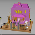 Pink Toy House With Purple Roof Yellow Windows Black Fence Street Lamps Tree And Tombstones