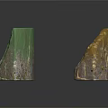Two Curved Wooden Stone Objects With Green And Gold Textured Surfaces