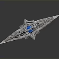 Mythical Silver Blade Weapon with Blue Gem Center and Intricate Carved Patterns 3d model