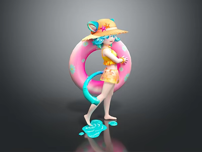 Cat Eared Girl In Yellow Top Orange Shorts With Pink Inflatable Ring Blue Tail Splashes 3d model