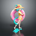 Cat Eared Girl In Yellow Top Orange Shorts With Pink Inflatable Ring Blue Tail Splashes