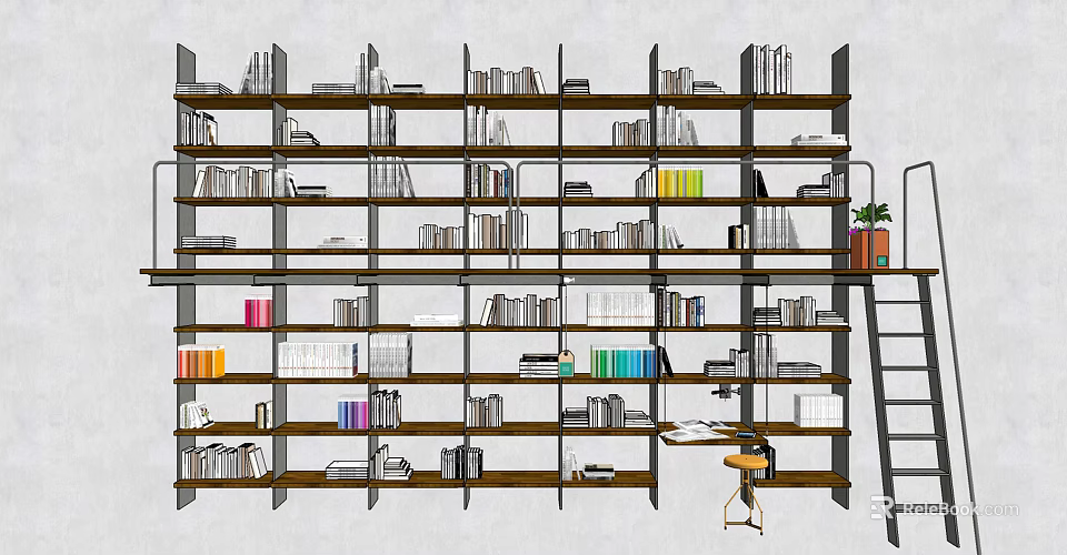 Spacious Well Organized Bookcase With Multiple Shelves Various Books Ladder And Desk 3d model 