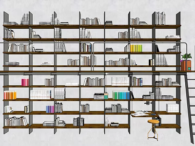 Spacious Well Organized Bookcase With Multiple Shelves Various Books Ladder And Desk 3d model