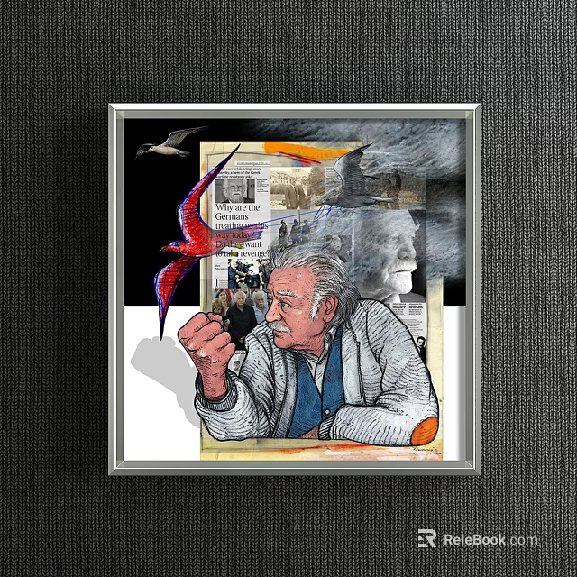 Framed Portrait Painting of Elderly Man With Red Bird Newspaper and Clouds 3d model 