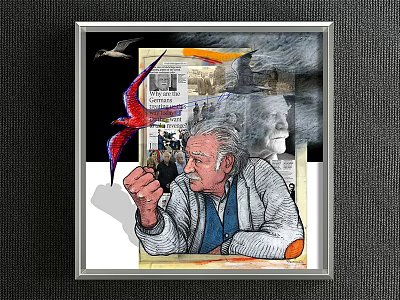 Framed Portrait Painting of Elderly Man With Red Bird Newspaper and Clouds 3d model
