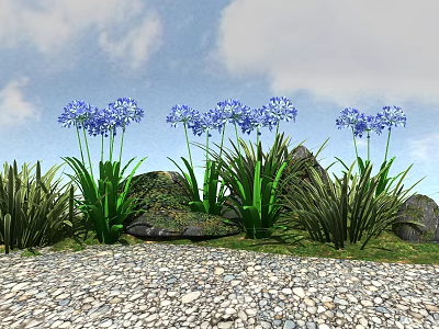 Vibrant Blue Flowers and Lush Green Grass in Garden Landscape with Rocks and Pebble Ground 3d model