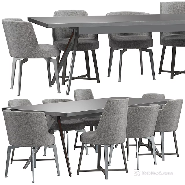 Modern Grey Upholstered Dining Table And Chairs Set With Sturdy Wood Legs 3d model 