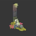 Modern Stone Pillar Display With Stacked Dark Stones And Surrounding Green Plants