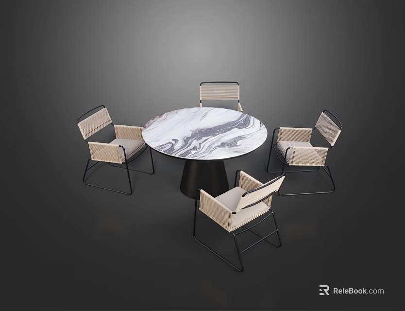 Modern Round Dining Table Set With Marble Tabletop And Four Woven Metal Frame Chairs 3d model 