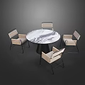 Modern Round Dining Table Set With Marble Tabletop And Four Woven Metal Frame Chairs 3d model