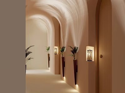 Elevator Corridor With Arched Ceiling Wall Lamps Plants And Warm Lighting 3d model