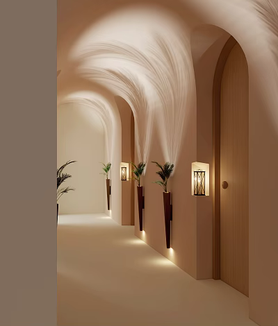 Elevator Corridor With Arched Ceiling Wall Lamps Plants And Warm Lighting 3d model