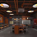Modern Restaurant Interior With Orange Black Decor Hanging Lights Tables Chairs And Wall Art