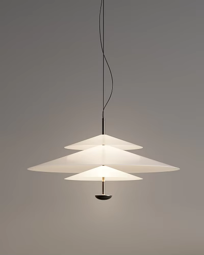 Modern Multi Tiered White Chandelier With Umbrella Shaped Shades Hanging In Gray Background 3d model