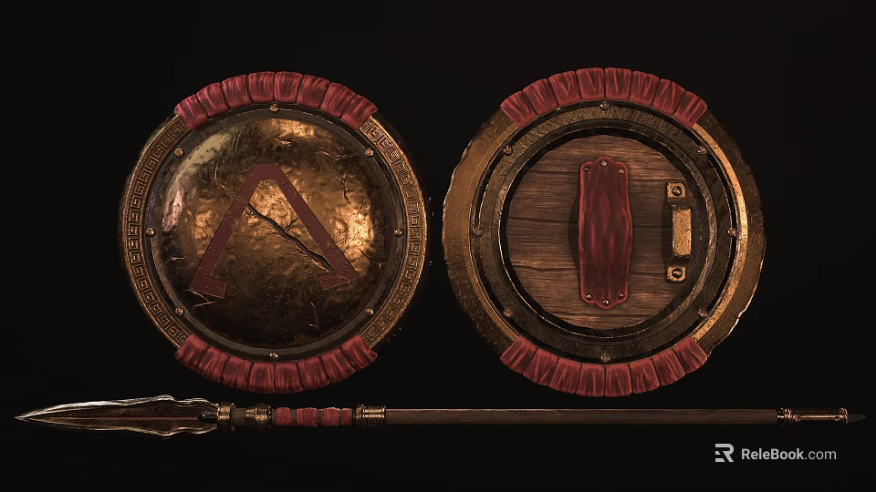 Ancient Weapons Including Bronze Shield Spear Wooden Structure Red Decorative Trim and Historical Design Elements 3d model