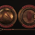 Ancient Weapons Including Bronze Shield Spear Wooden Structure Red Decorative Trim and Historical Design Elements 3d model