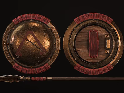 Ancient Weapons Including Bronze Shield Spear Wooden Structure Red Decorative Trim and Historical Design Elements 3d model