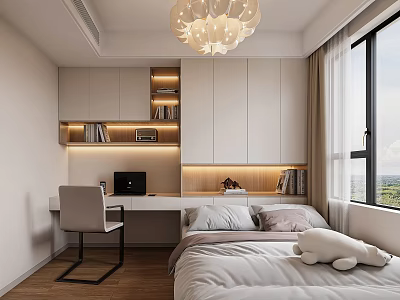 Modern Tatami Bedroom Interior With Cozy Bed Desk Bookshelf Chandelier And Window View 3d model