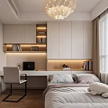 Modern Tatami Bedroom Interior With Cozy Bed Desk Bookshelf Chandelier And Window View