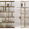 Modern Multi tiered Display Shelving Unit with Gold Metal Frame and Decorative Items 3d model