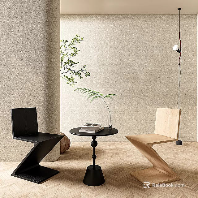 Modern Table And Chair Set With Black Wooden Chairs Green Plant And Floor Lamp 3d model 