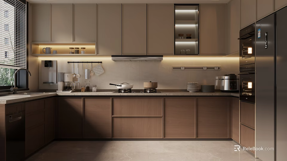 Modern Kitchen Interior With Light Wood Cabinets And Stainless Steel Appliances 3d model 